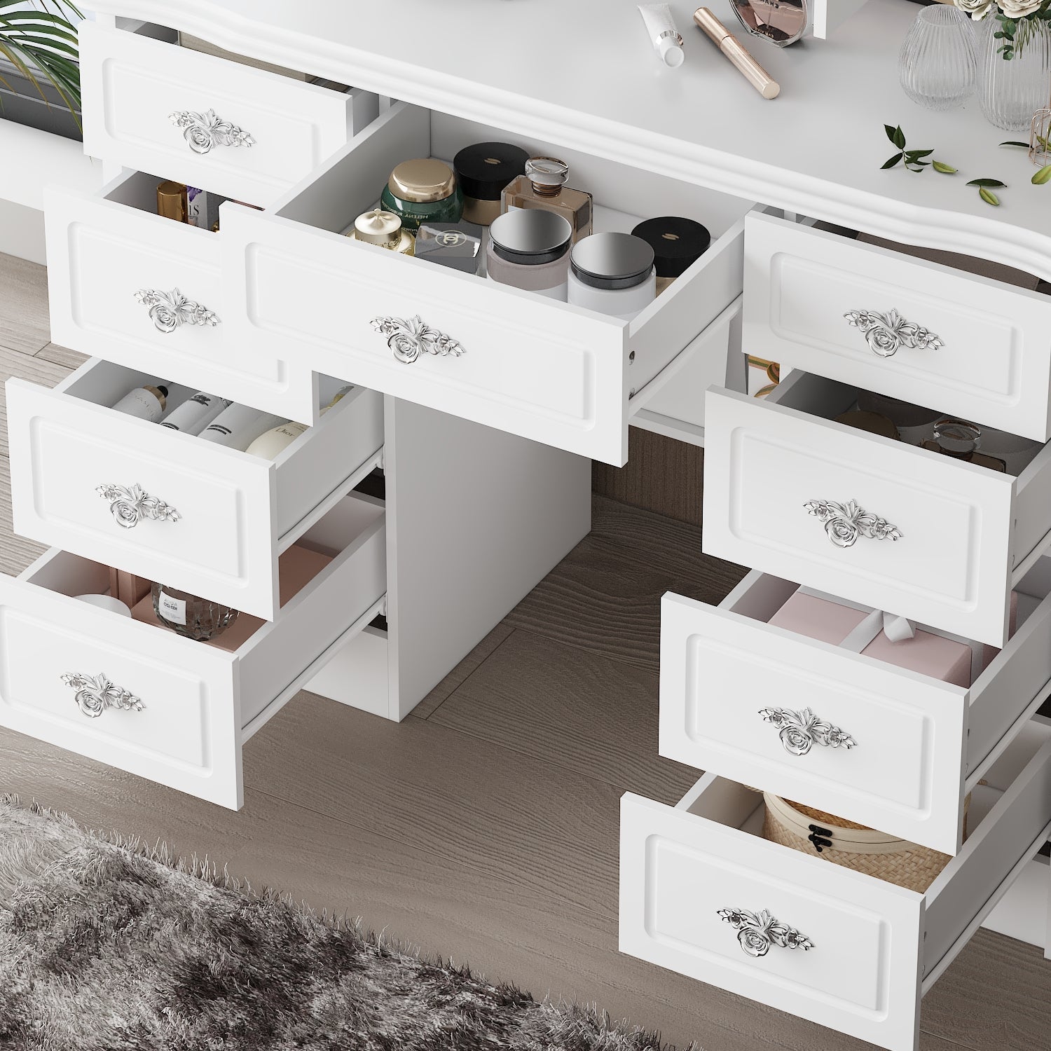 Modern 7 Drawers Vanity Table With Lights Mirror