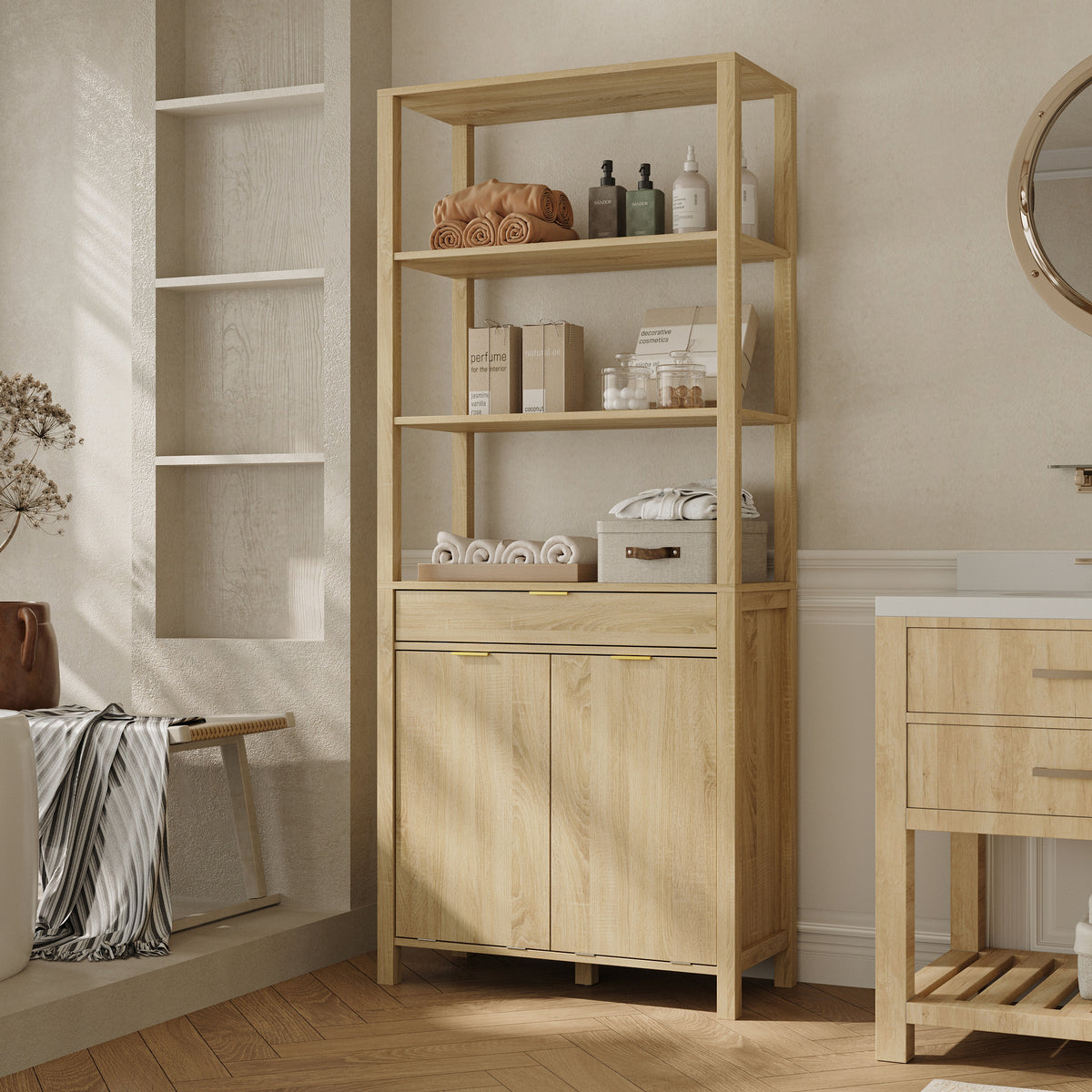 30.1" Oak Laundry Hamper Cabinet with 2 Tilt-Out Baskets and Open Shelves