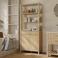 30.1" Oak Laundry Hamper Cabinet with 2 Tilt-Out Baskets and Open Shelves