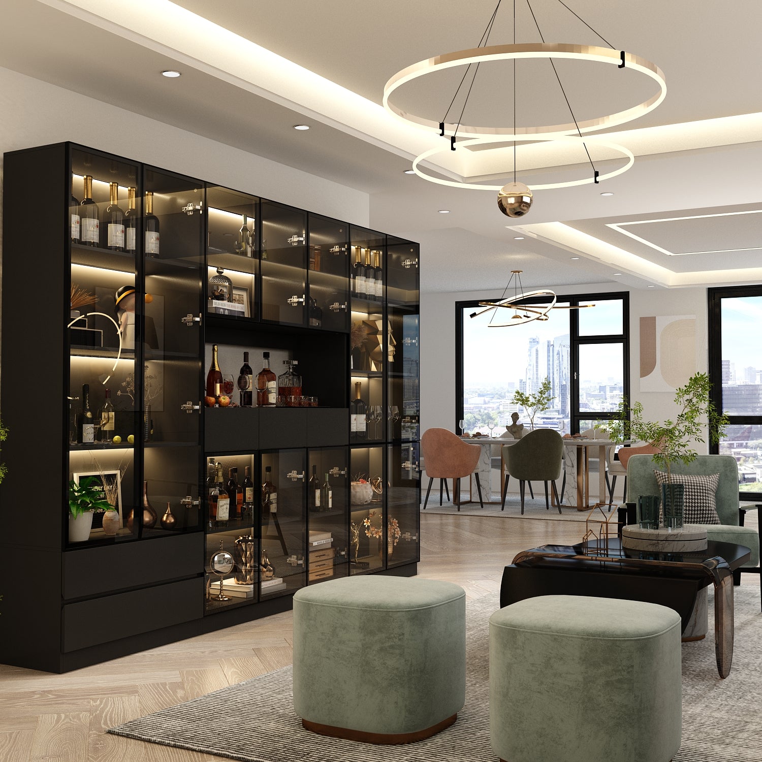 78.7'' H x 110 '' W Combination Bookcase Display Cabinet With Glass Doors & LED Lights