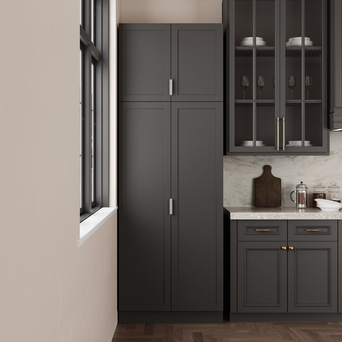 90.6 inch Tall Black Kitchen Pantry Cabinet with 4 Doors and Adjustable Shelves