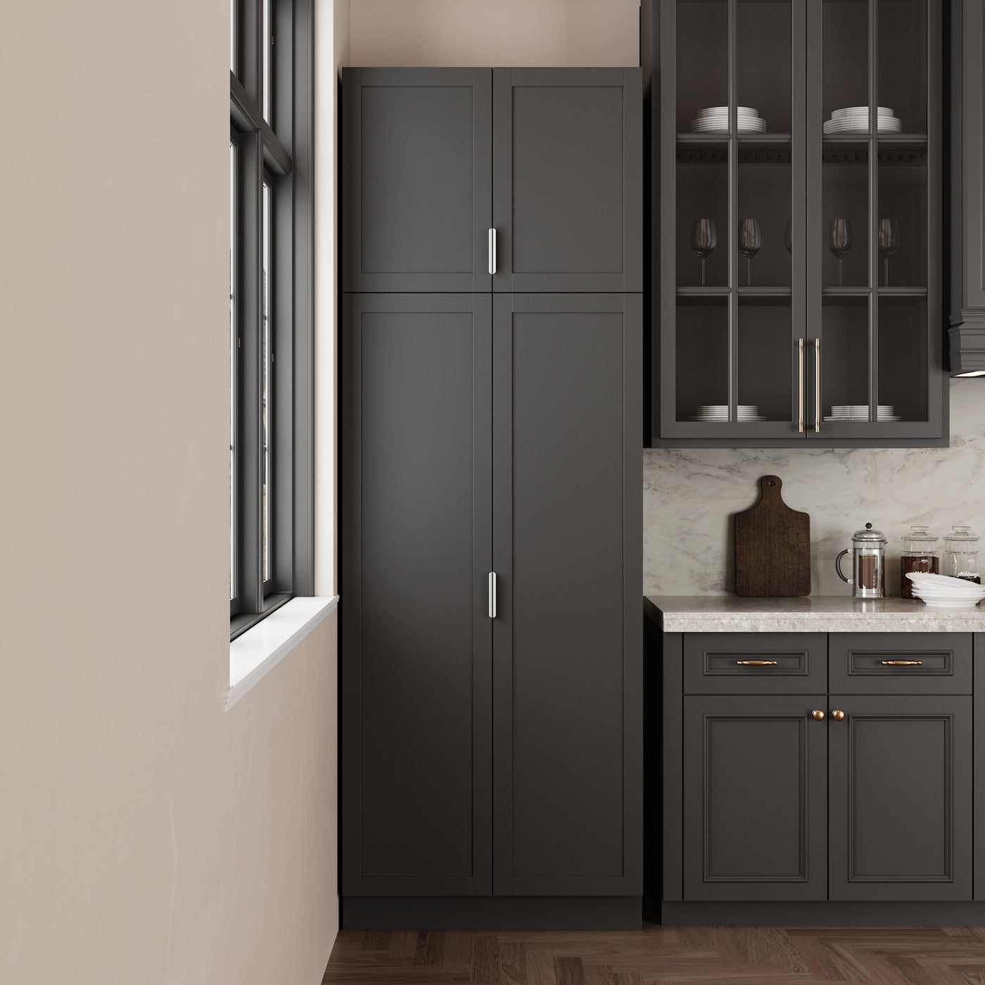90.6" Tall Black Kitchen Pantry Cabinet with 4 Doors and Adjustable Shelves