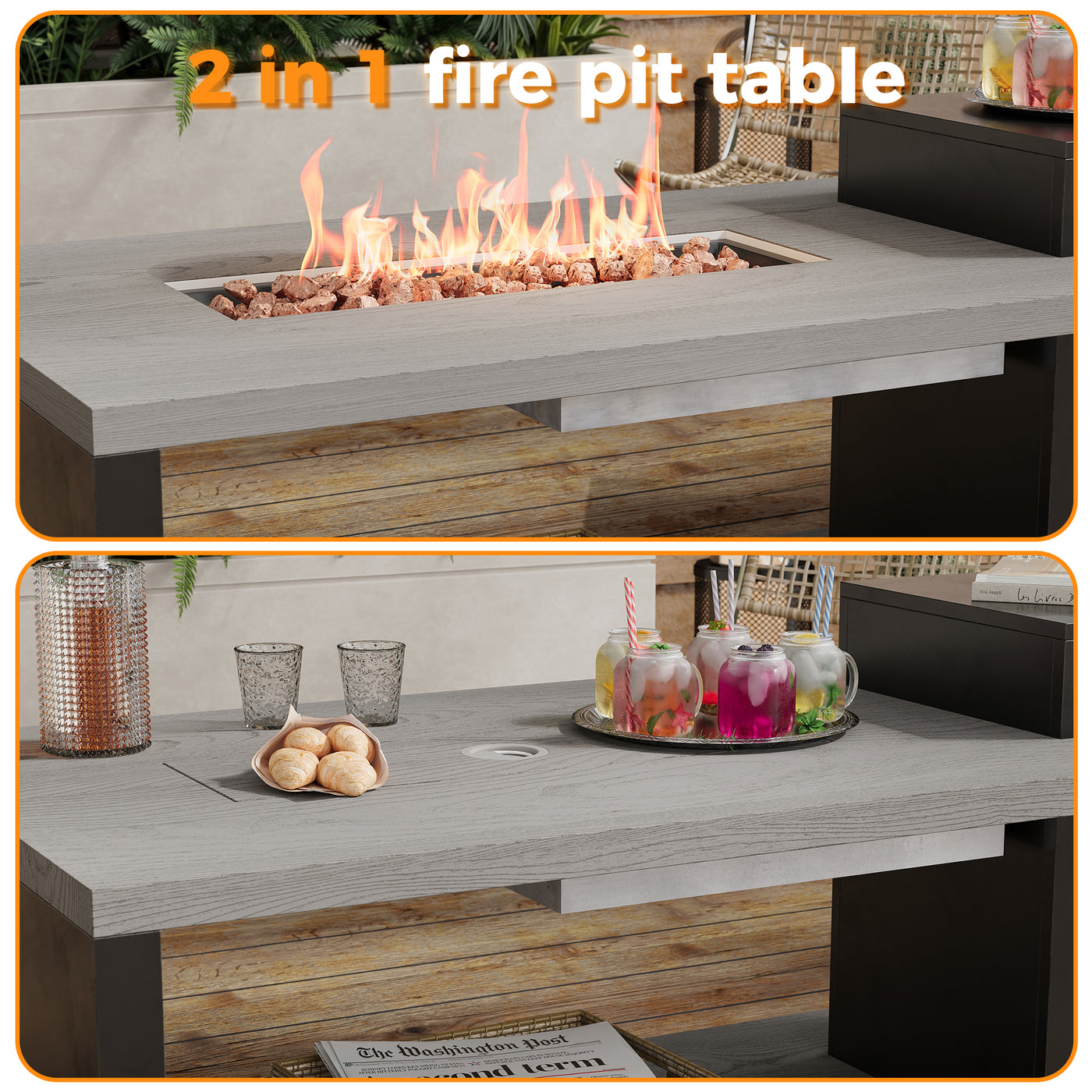 2-in-1 fire pit table with flames and outdoor setting