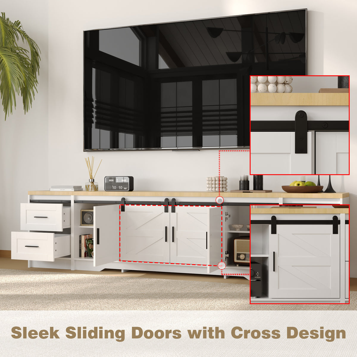 94.5" Modern White Extra Long Barn Door TV Stand with 4 Drawers, Sliding Doors and Adjustable Shelves