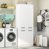 Laundry room with washing machine, dryer, and storage cabinet.
