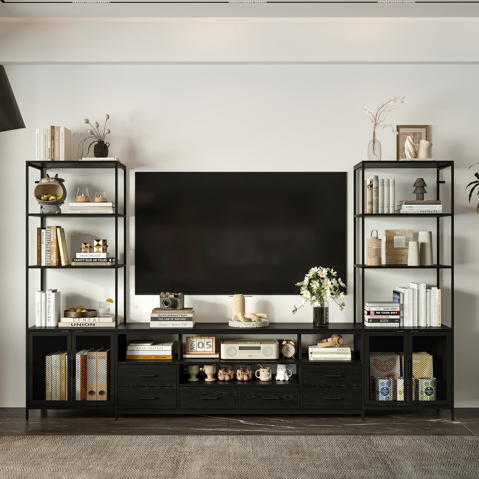 Stylish Black TV Stand Entertainment Center: Modern Design with Ample Storage Space