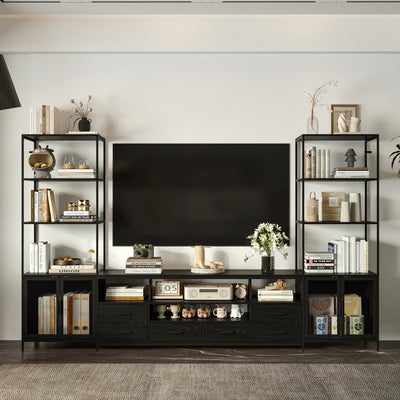 110" Modern Black TV Stand Entertainment with Ample Storage And Space Sound Bar Shelf