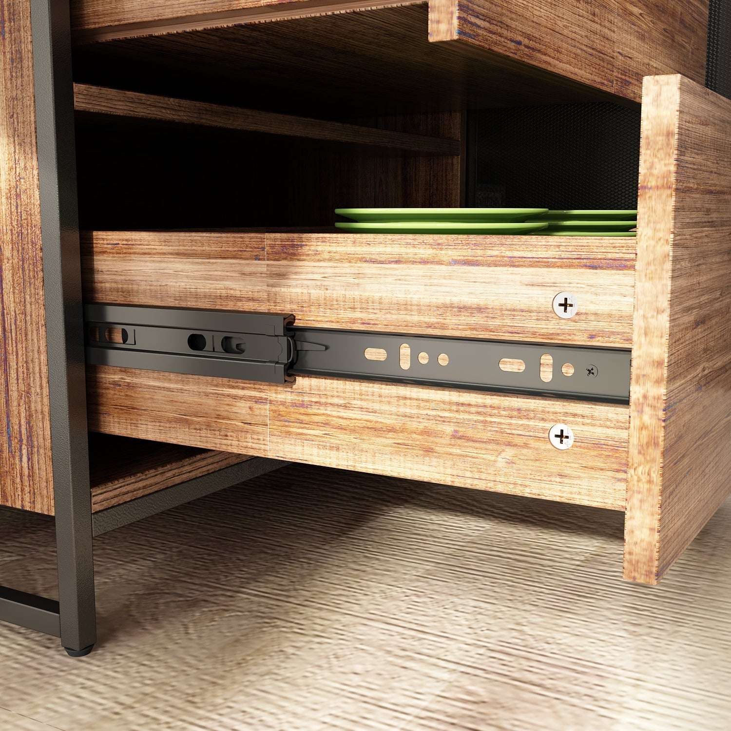 Large Kitchen Sideboard Display Cupboard with Drawers and Mesh Doors Wood Grain