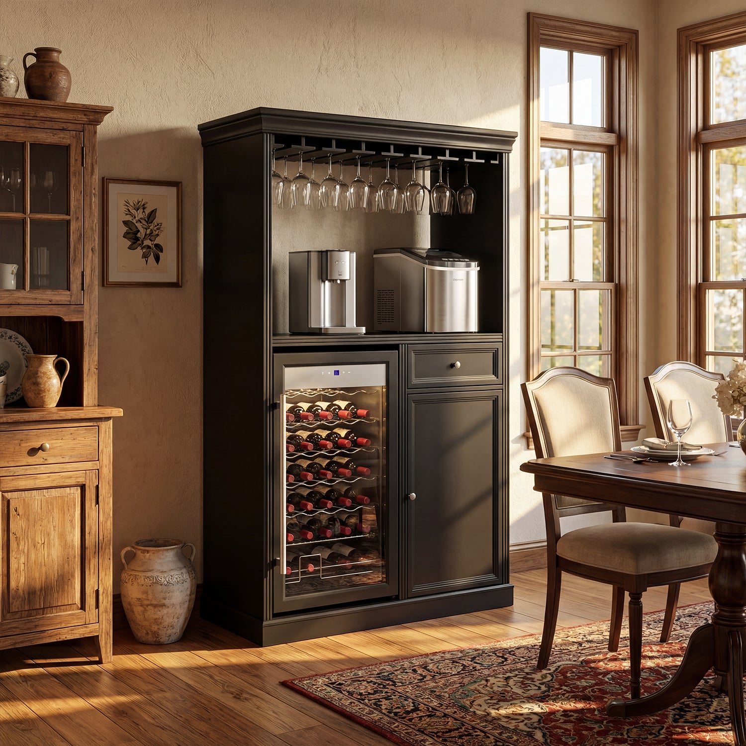 Wine cooler with glass holders in a dining room setting
