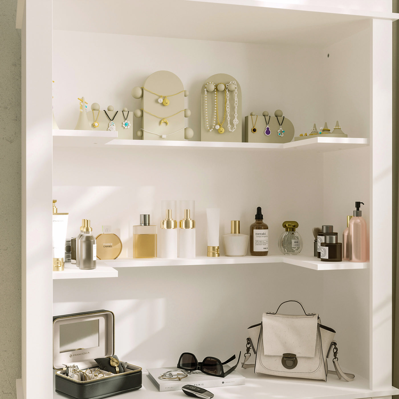 Shelving unit with beauty products, jewelry, and a handbag against a neutral wall.