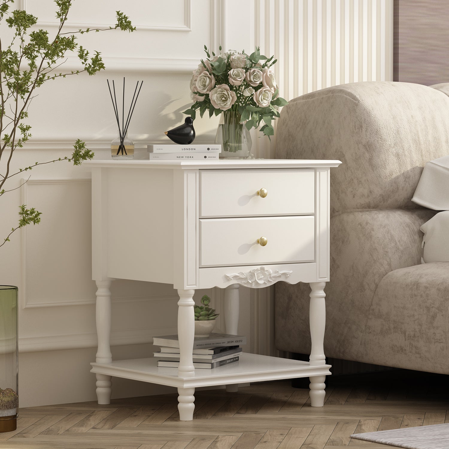 End Table Side Table Bedroom Night Stand Bedside Embossed Table with 2 Drawers & Open Shelf
