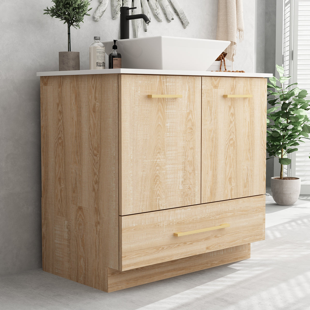 29.9" Modern Oak Bathroom Vanity Cabinet with White Stone Vessel Sink