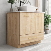 29.9" Modern Oak Bathroom Vanity Cabinet with White Stone Vessel Sink