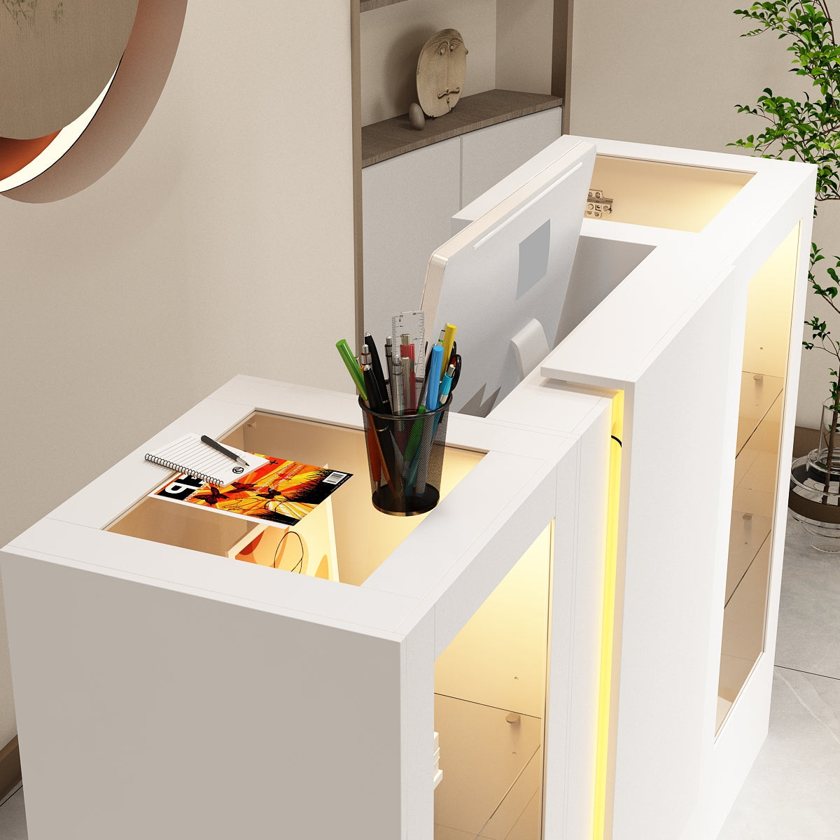 59" Modern White Reception Desk With Display Cabinets And LED Lightsand Transparent Glass