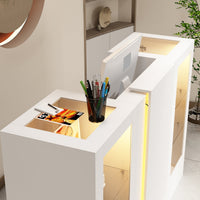59" Modern White Reception Desk With Display Cabinets And LED Lightsand Transparent Glass