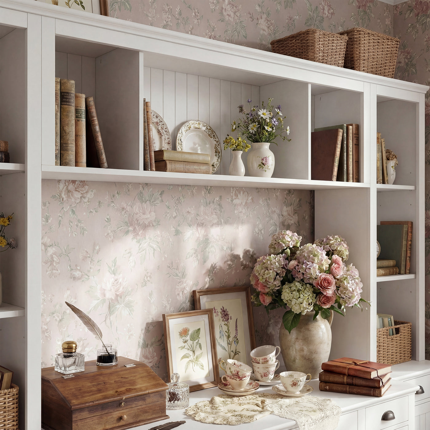 88.5" White 4-Piece Modular Entertainment Wall Unit with Writing Desk, Open Bookcase Shelves & Closed Storage Cabinets