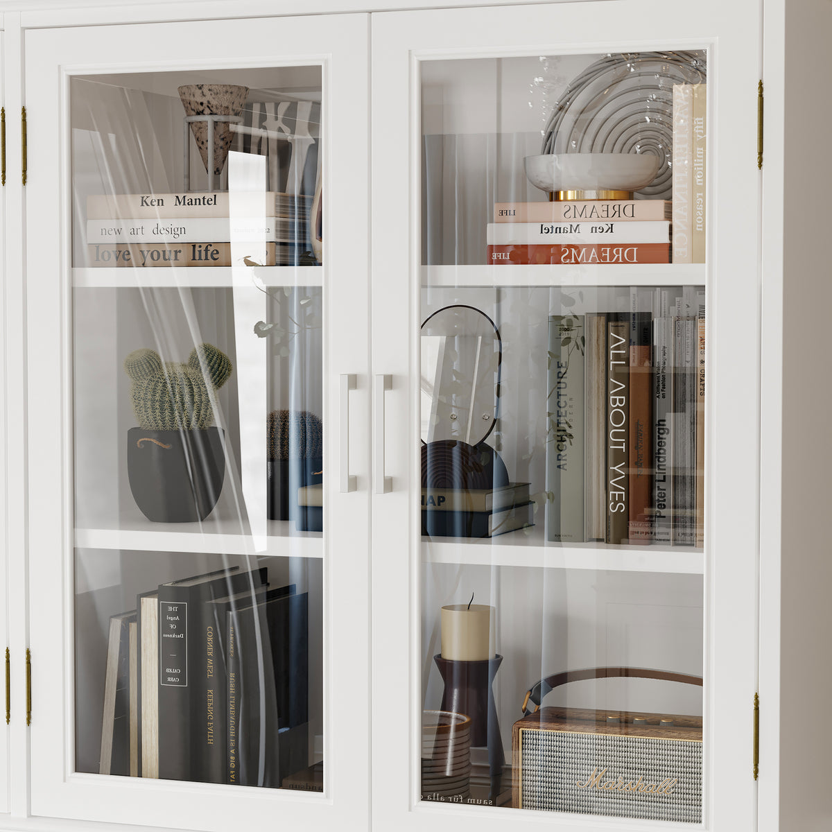 63" Modern White Display Bookcase Cabinet with Glass Doors