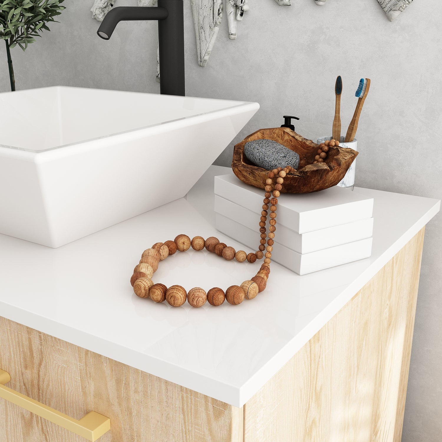 Modern Bathroom Vanity Cabinet with White Stone Vessel Sink