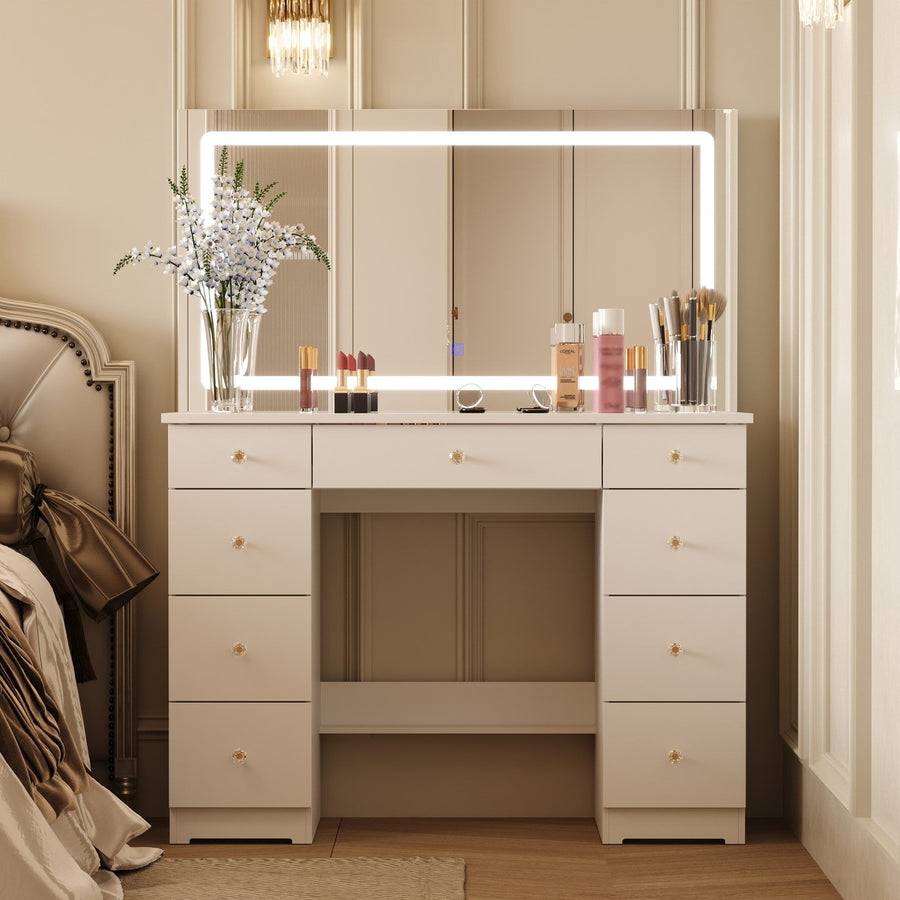 35.4" Modern White Makeup Vanity with Sliding Lighted Mirror & 5 Drawers