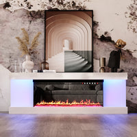 White TV stand with electric fireplace and LED lighting