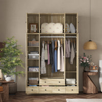 63" Rustic 4-Door Wardrobe Armoire with Rattan Paneling, 6 Drawers & 2 Hanging Rods
