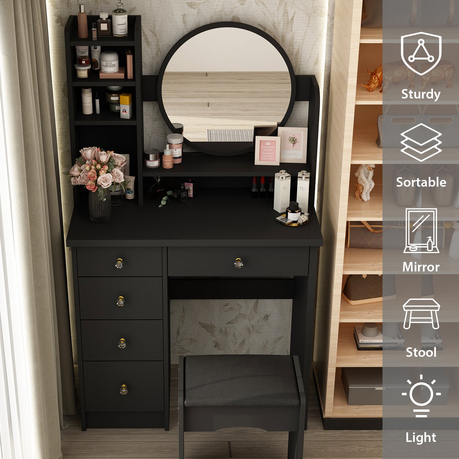 Makeup Vanity Set with Cushioned Stool, 5 Drawers & Display Shelves