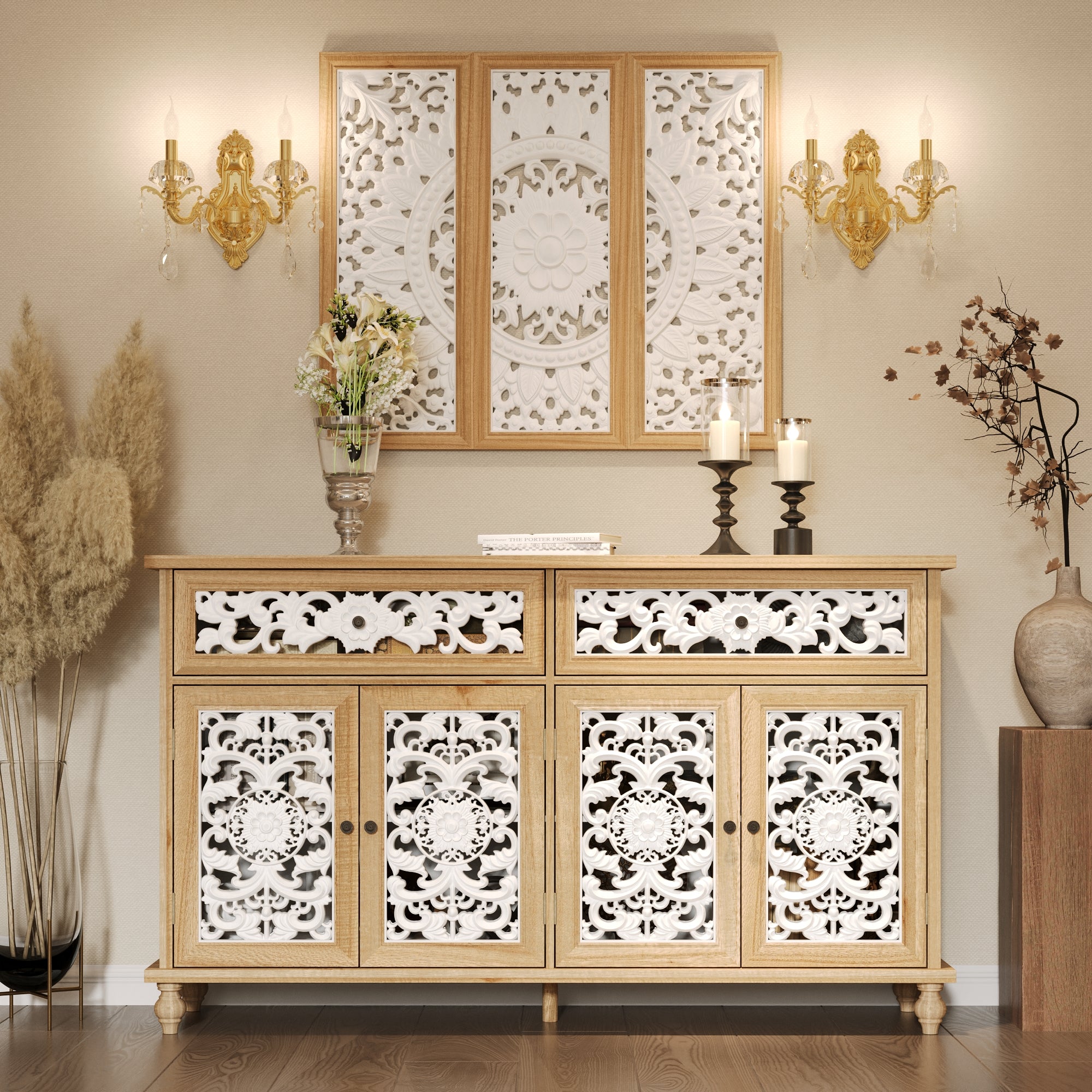 Vintage Vibe Accent Cabinet With 3 Carved Decorative Panels