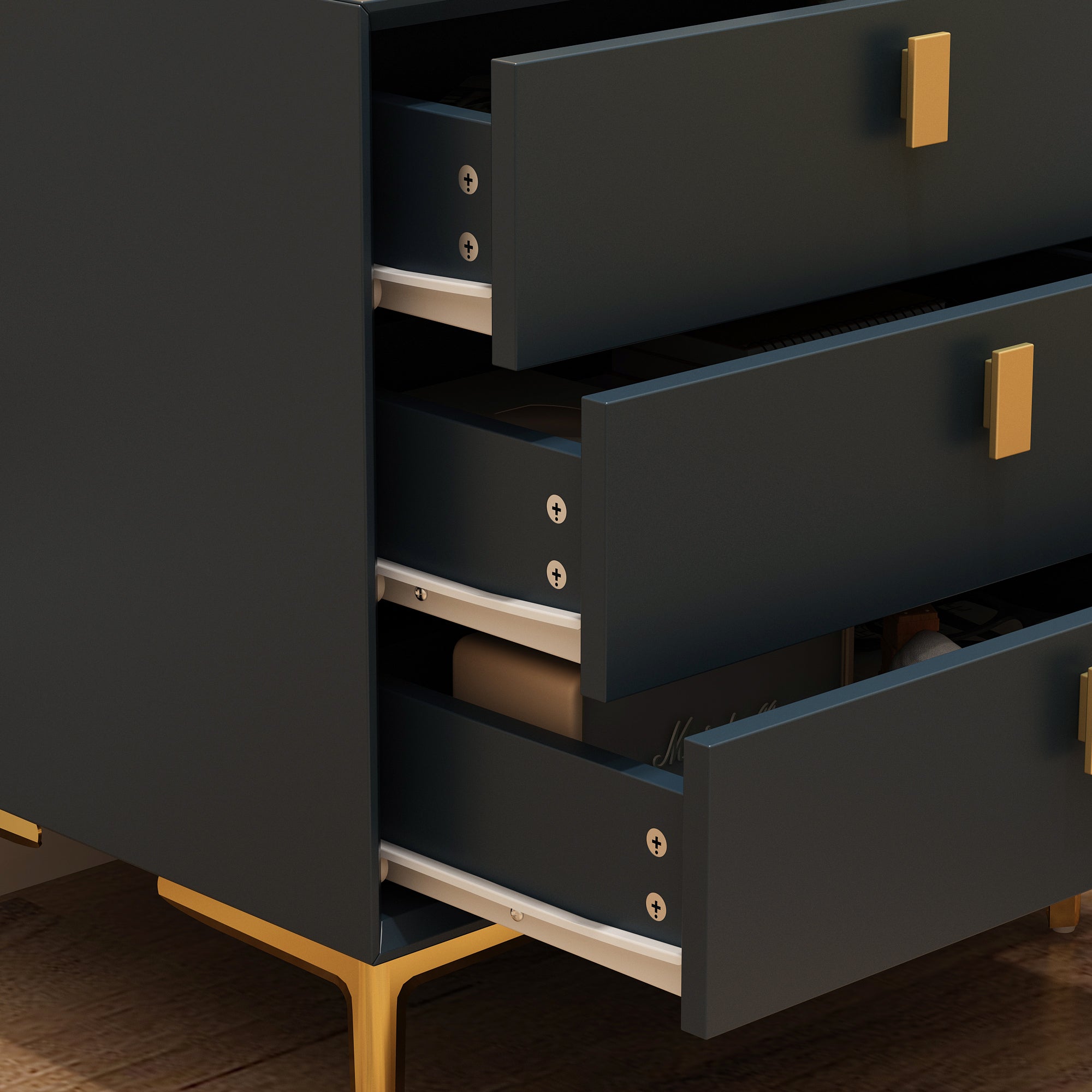 Nightstand Dresser Black End Table in Gold Metal Legs with 3 Drawers