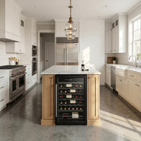 Black wine fridge with glass door and digital temperature display