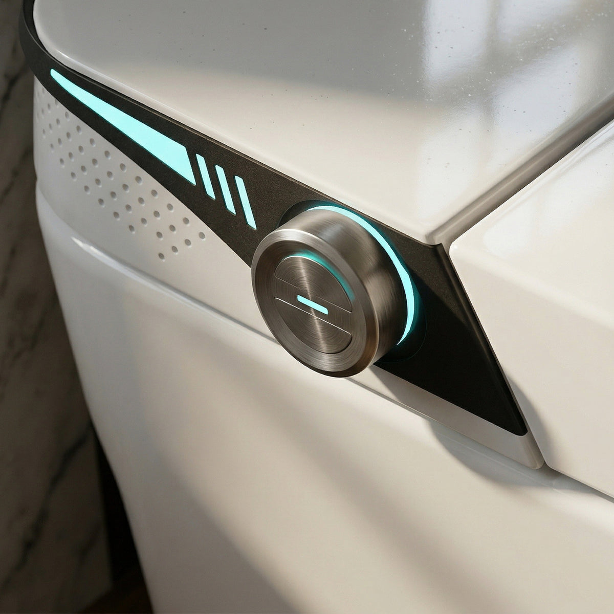 White smart toilet with digital display, and side control knob