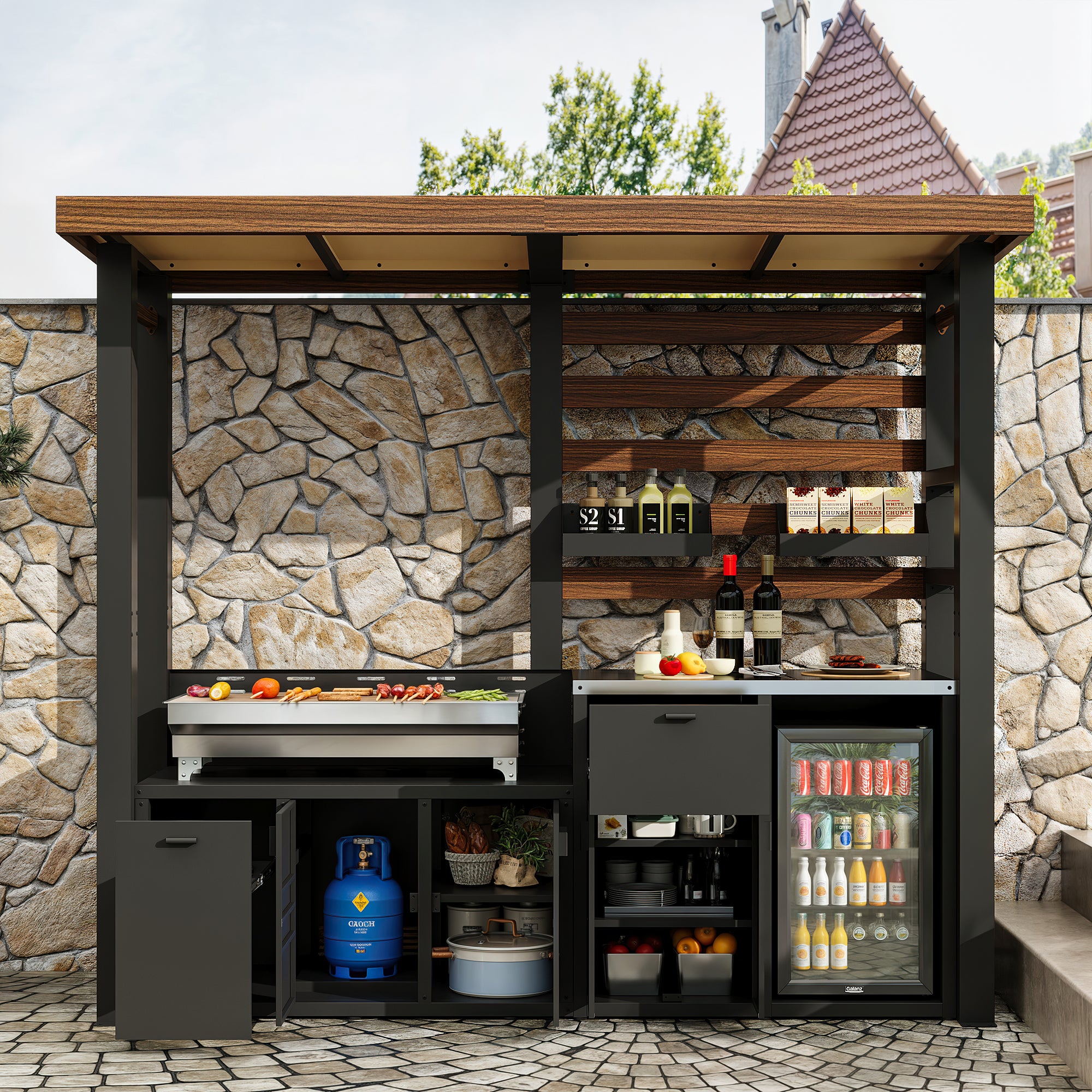 Outdoor kitchen with stone wall and wooden pergola