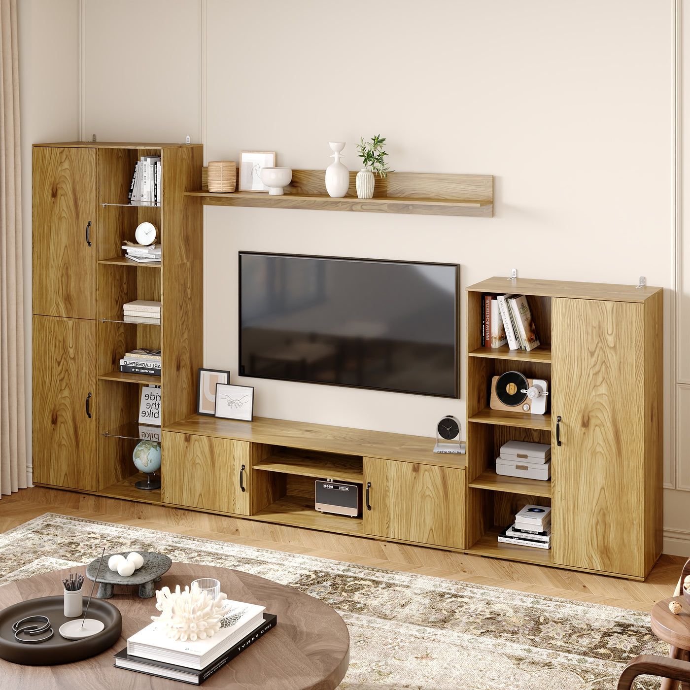 126" Mid-century Natural Wood Entertainment Center with Display Shelves & Storage