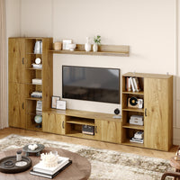 126" Mid-century Natural Wood Entertainment Center with Display Shelves & Storage