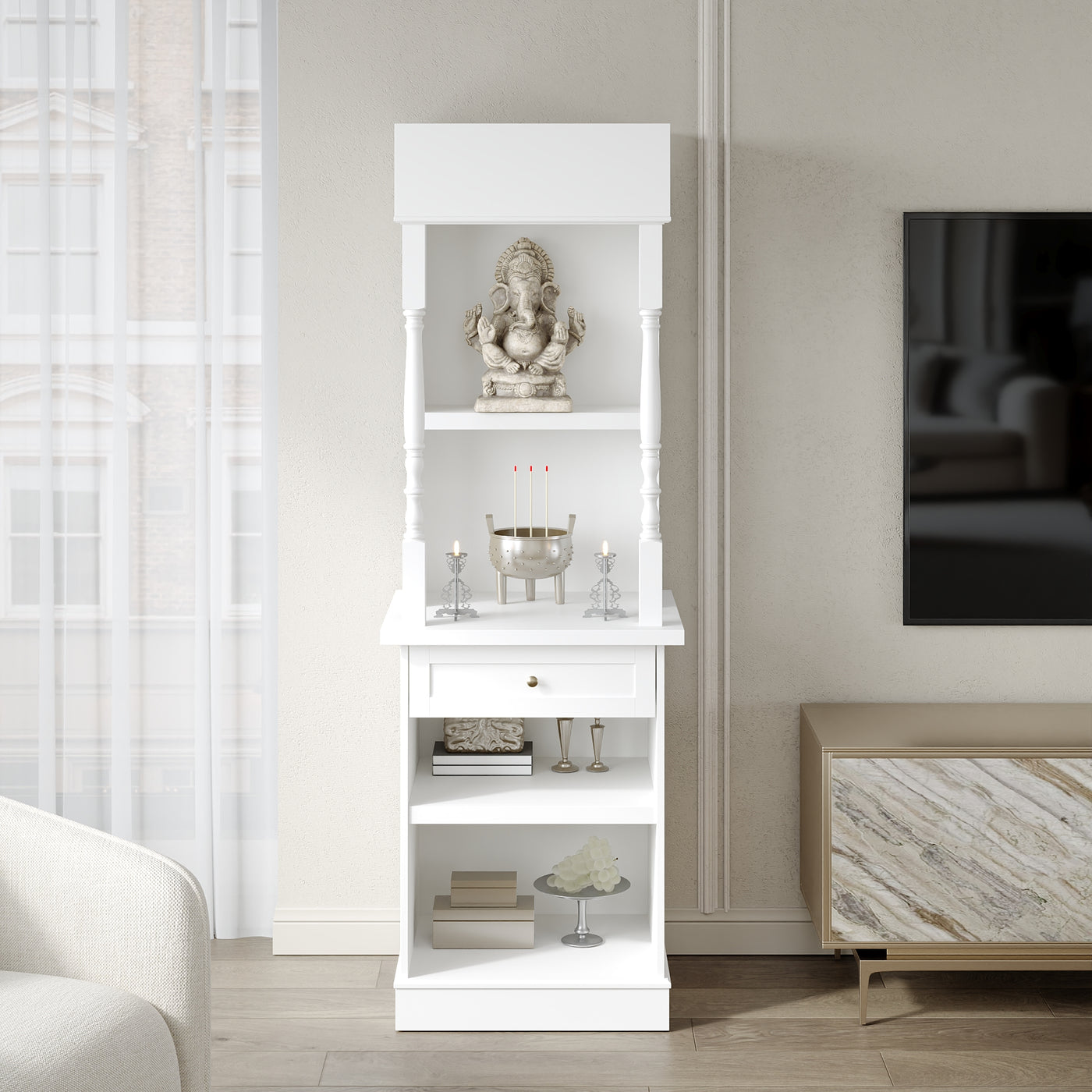 21.4" Modern White Display Stand with 4 Open Shelves and 1 Drawer