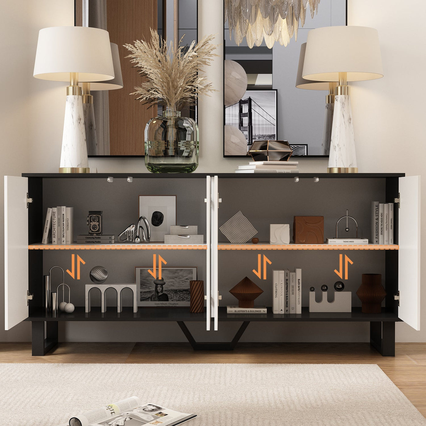 63" Modern Minimalist White 4-Door Storage Cabinet for Living Room and Entryway