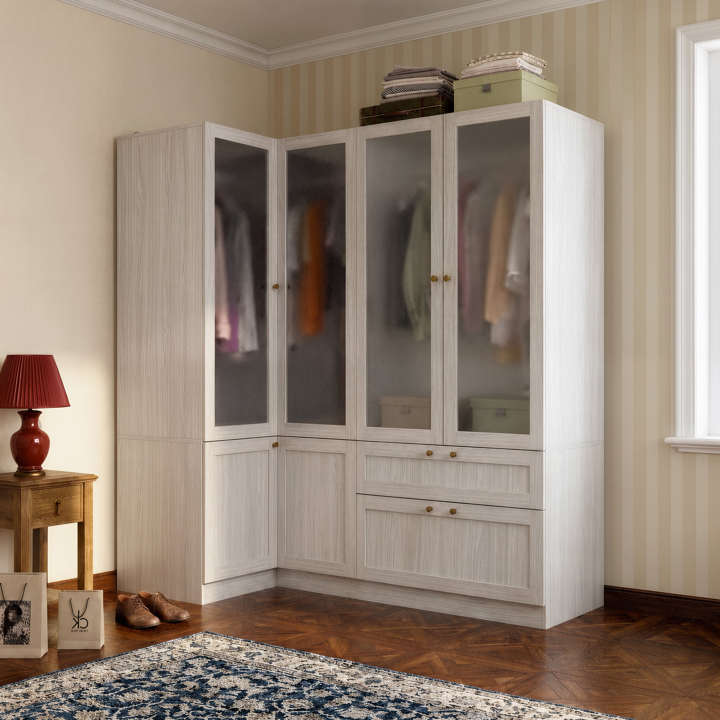Skira 66.9" Modern Corner Wardrobe with Frosted Glass Doors and Gold Hardware