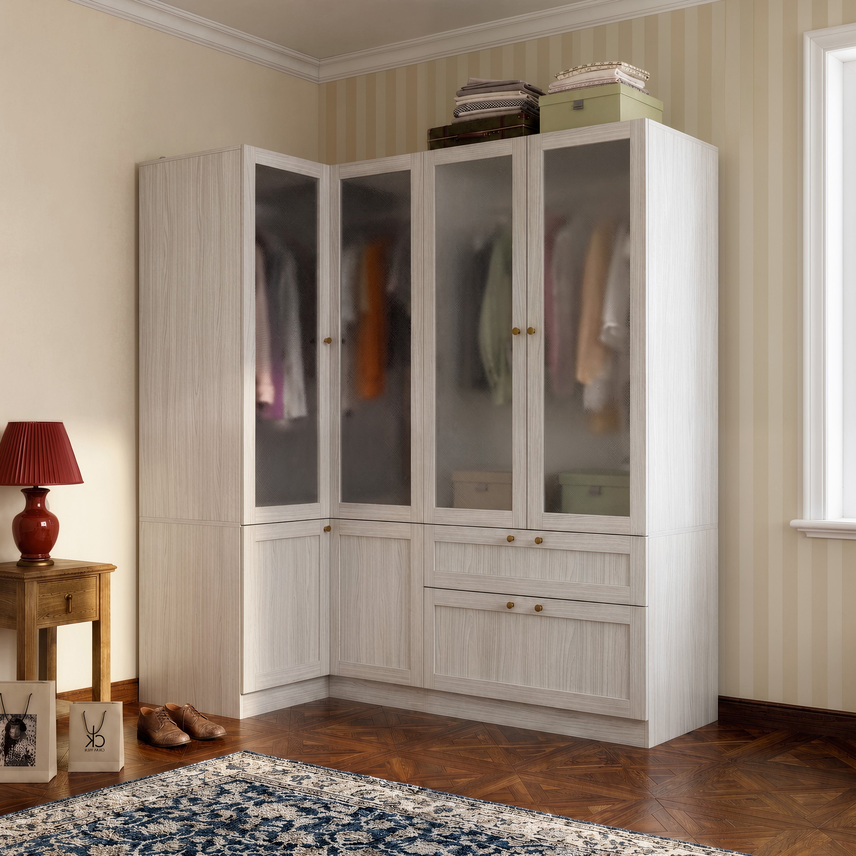 66.9" Modern Corner Wardrobe with Frosted Glass Doors and Gold Hardware