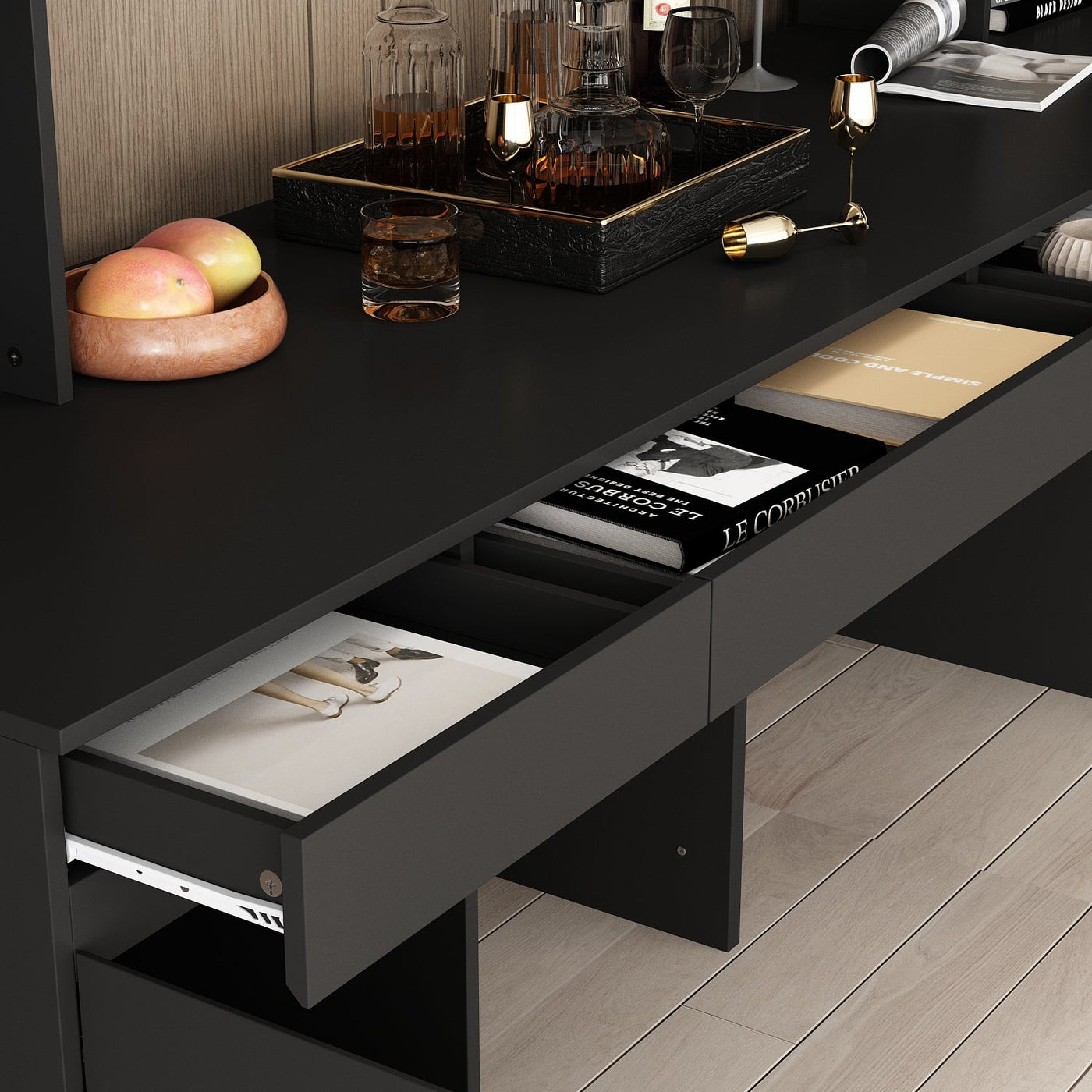 90.6" Transitional Black Computer Desk With Light And Glass Hinged Doors