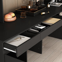 90.6" Transitional Black Computer Desk With Light And Glass Hinged Doors