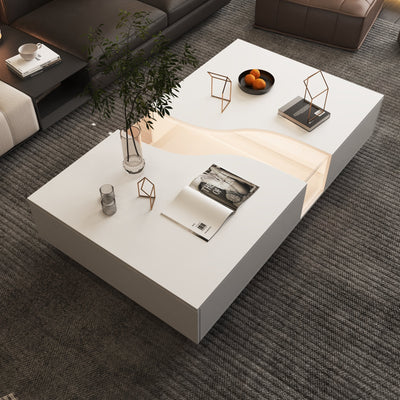55.1" Modern White Coffee Table with Dual-Sided Drawers and Lighted Glass Center