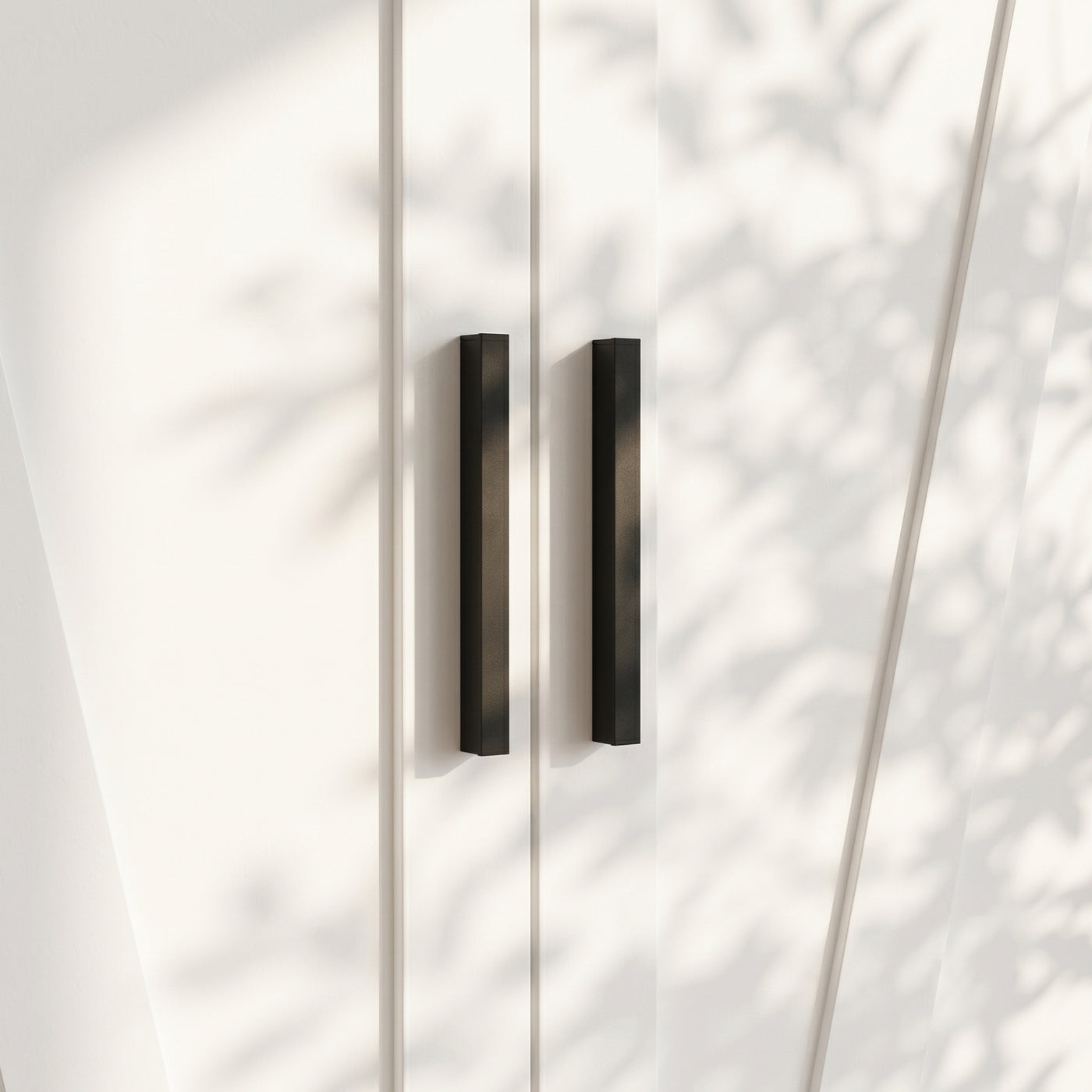 59.8" Modern Farmhouse White 4-Door Wardrobe with Geometric Slat Doors, 4 Drawers and Black Handles