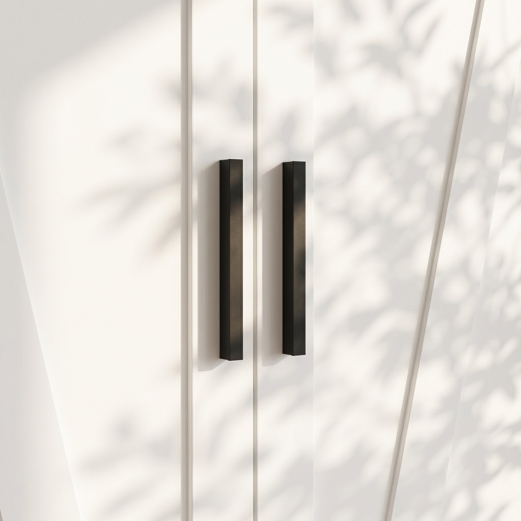 59.8" Modern Farmhouse White 4-Door Wardrobe with Geometric Slat Doors, 4 Drawers and Black Handles