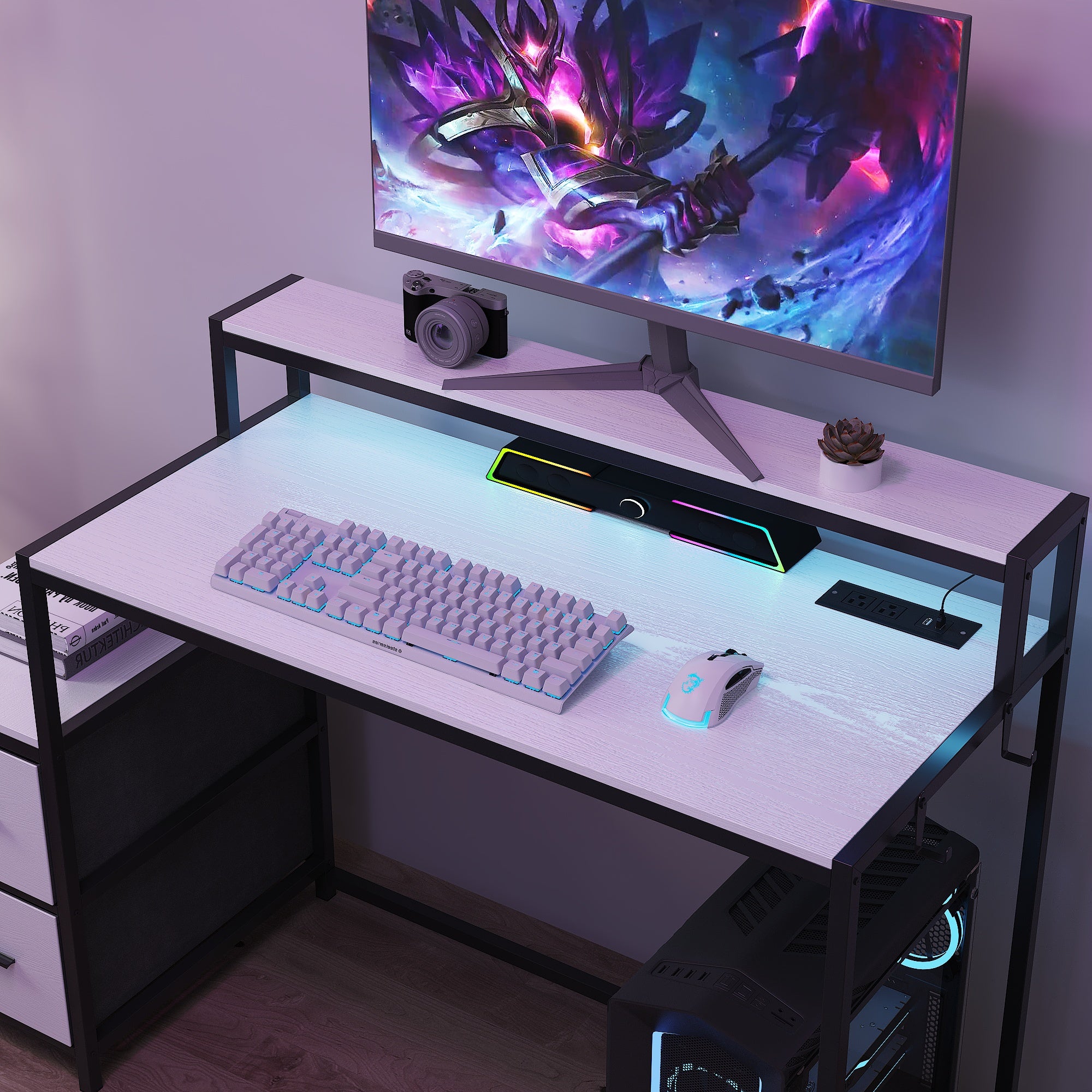 Computer Desk With Monitor Stand & Charging Station, Gaming Desk With LED Lights & Drawers