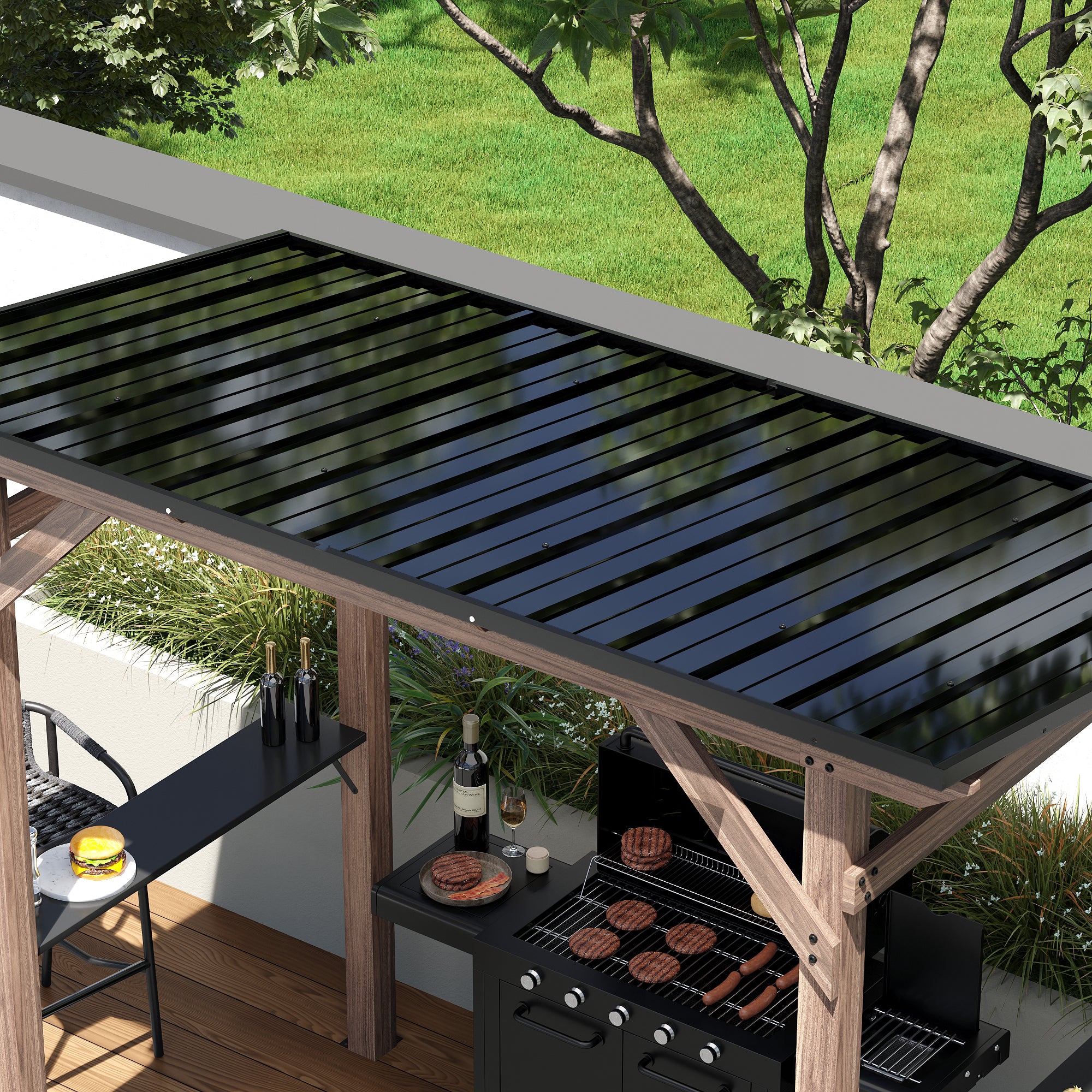 Cedar Wood Grill Gazebo Hardtop Roof With Side Tables For Patio BBQ Shelter