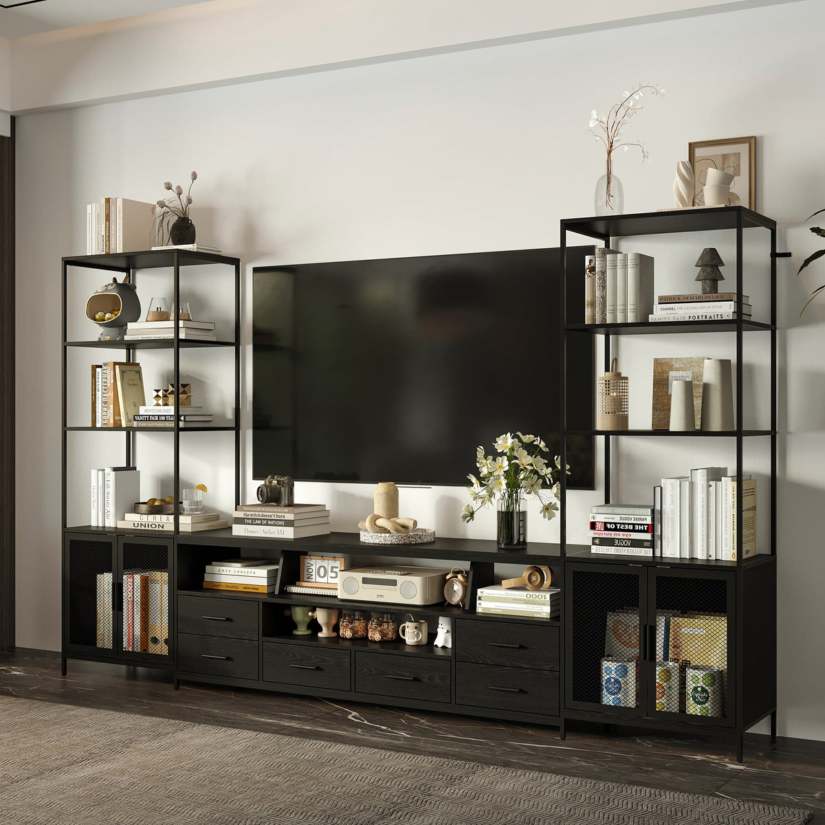 110" Modern Black TV Stand Entertainment with Ample Storage And Space Sound Bar Shelf