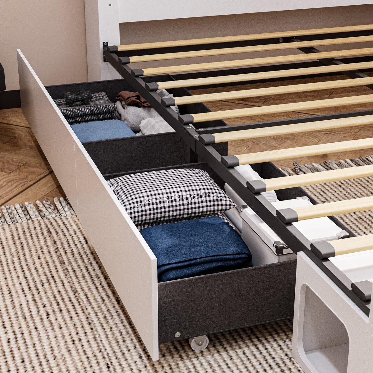 80.7" Modern Beige Storage Bed with USB Port and Light Strip