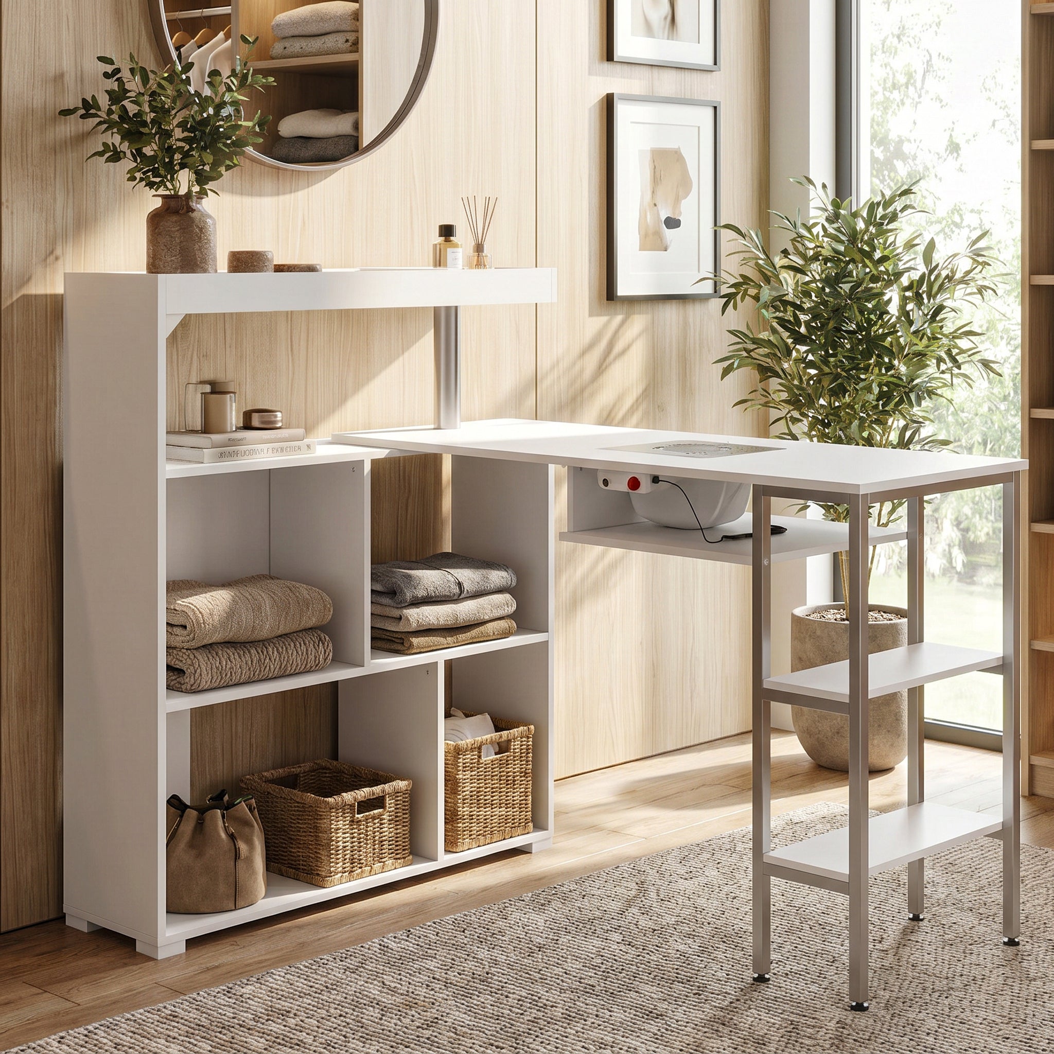 43.3". Modern White Manicure Table with Built-In Dust Collector and Rotating Storage Shelves