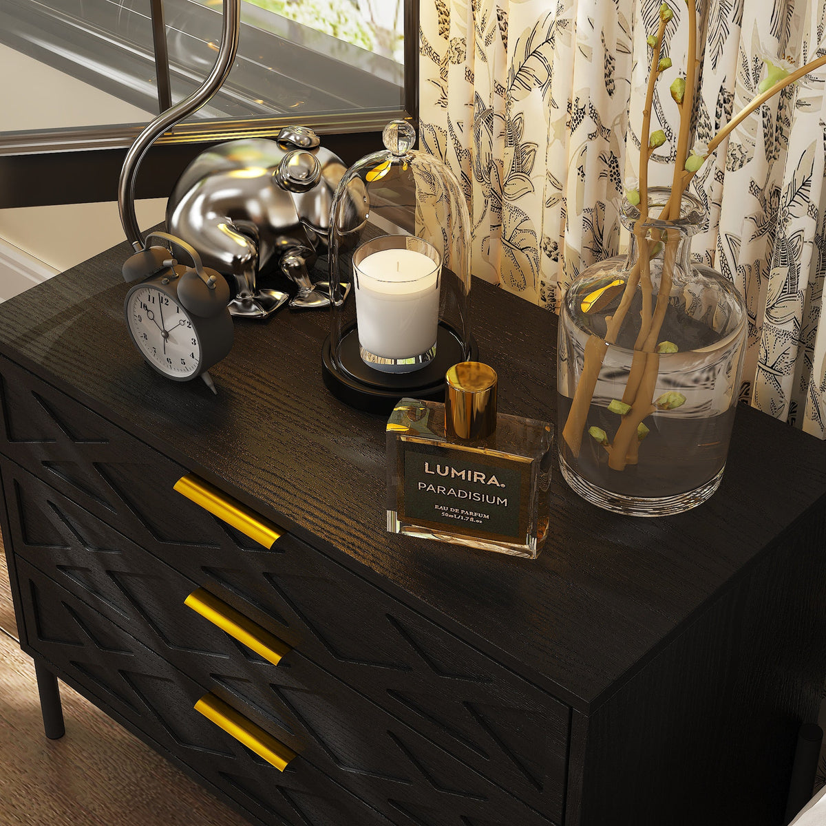 31.5" Modern Black 3-Drawer Nightstand with Metal Legs
