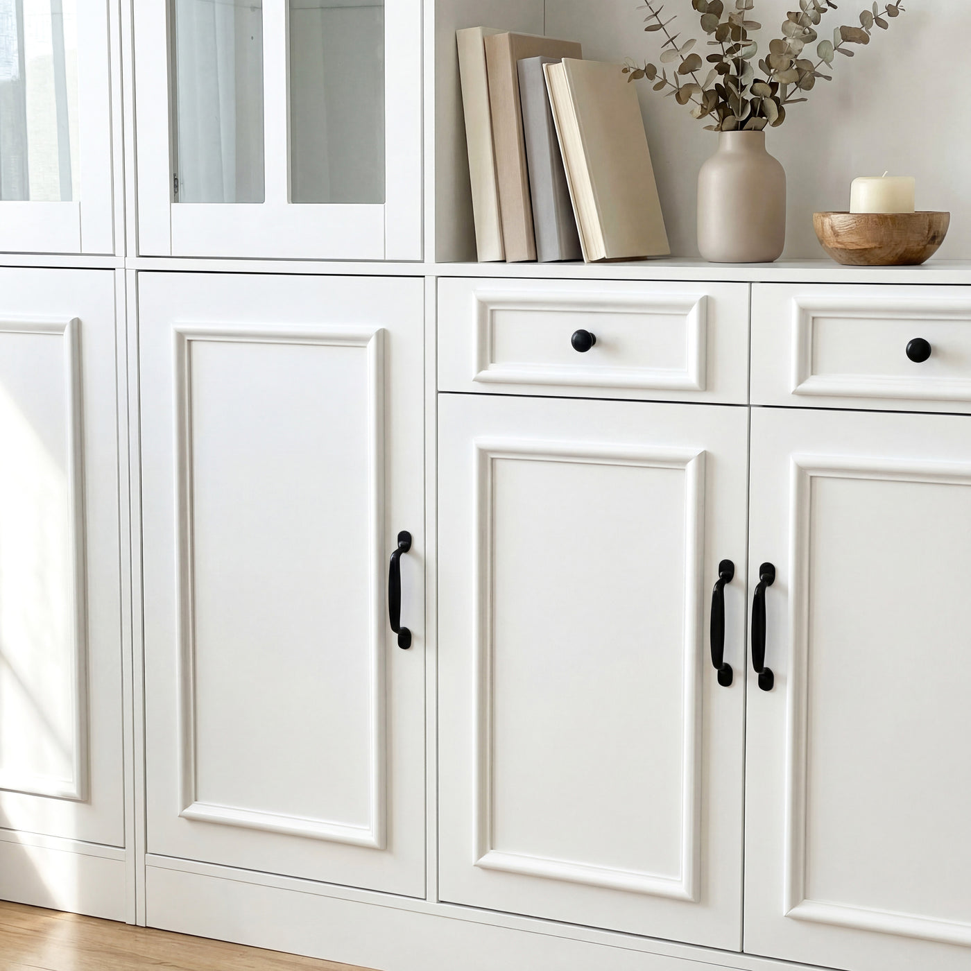 Sofna 141.7" Extra Wide White Filing Storage Cabinet with 9 Glass Doors and 2 Drawers