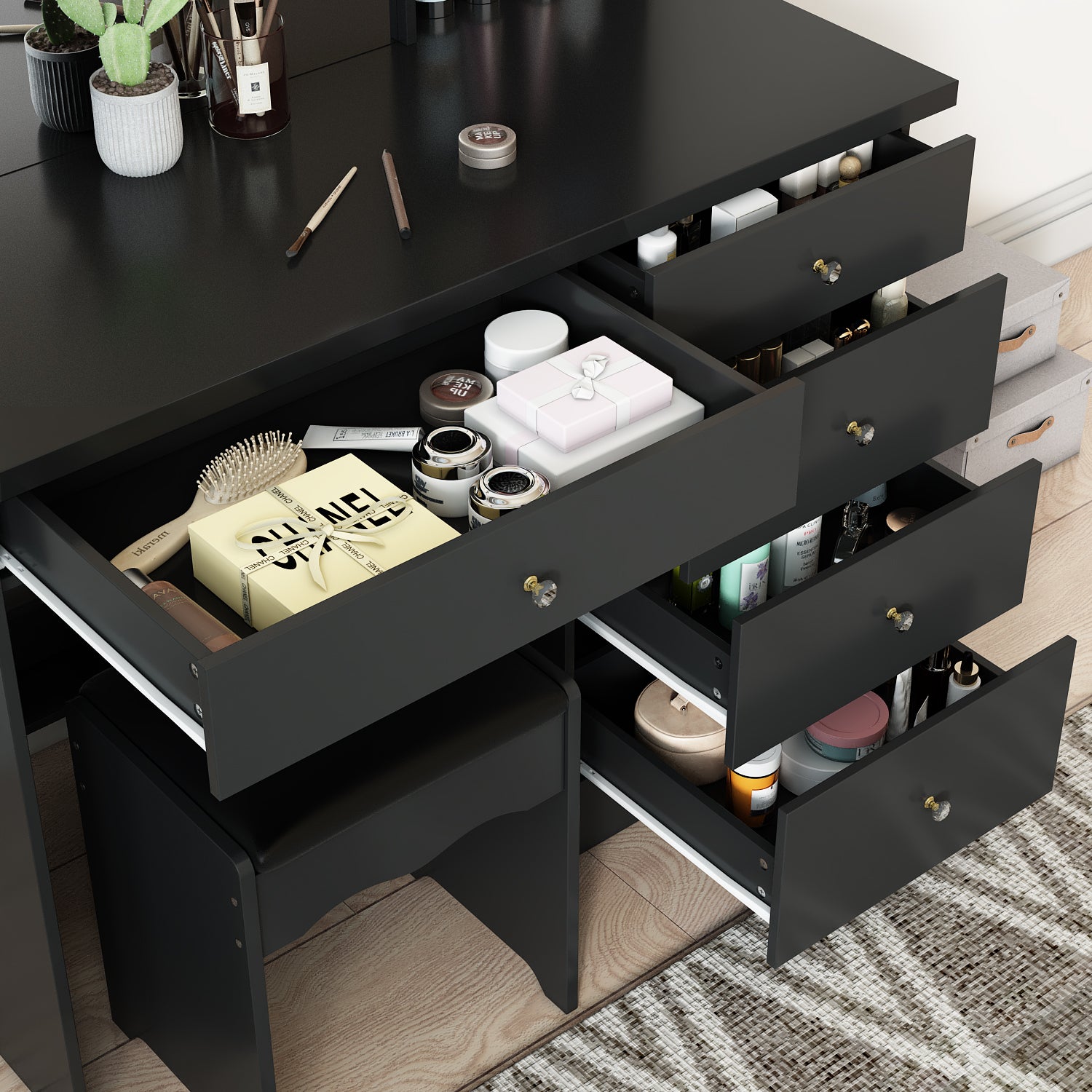Makeup Vanity Set with Cushioned Stool, 5 Drawers & Shelves